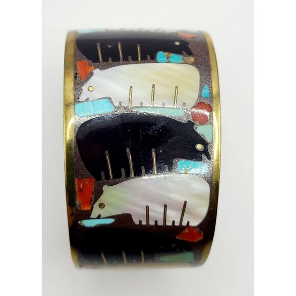 Vintage Andrew Shows Handcrafted Brass Cuff Bracelet W/ Bear Design Rare Unique - Picture 2 of 16